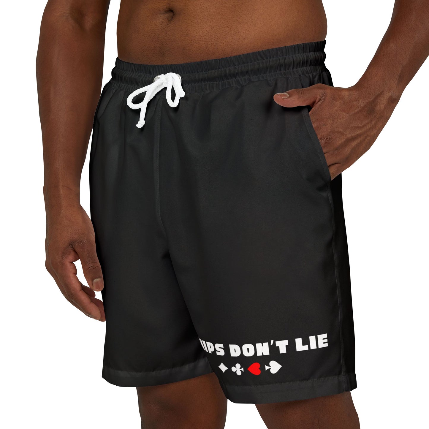 Chips Don't Lie Swim Trunks Black With Card Suits Male Model