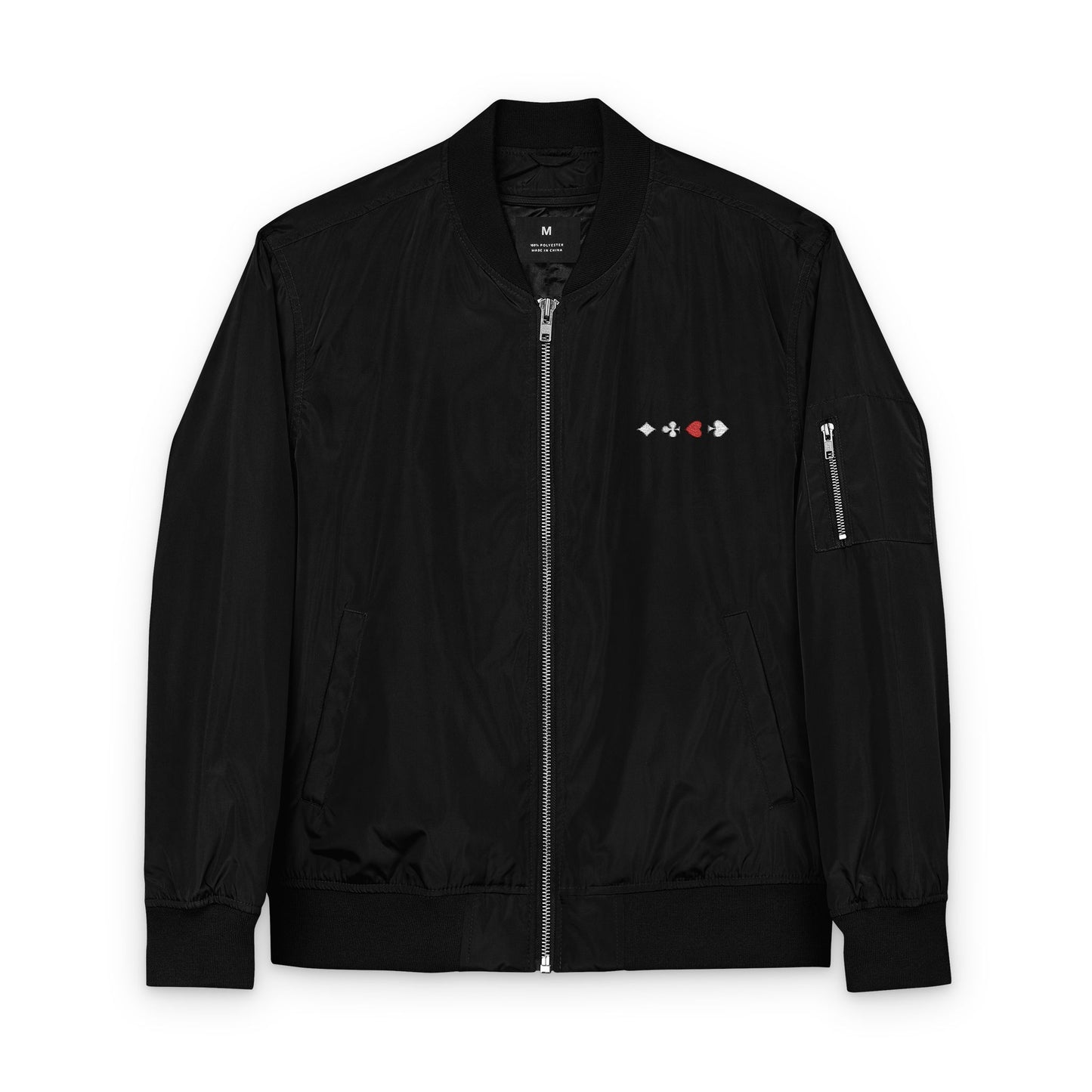 Black Bomber Jacket EMBROIDERED Card Suits Front