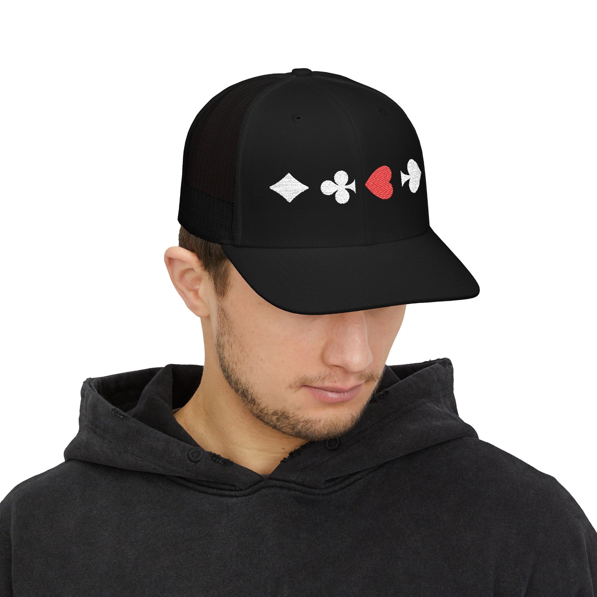 Black on Black Trucker cap Embroided Card suits Male Model