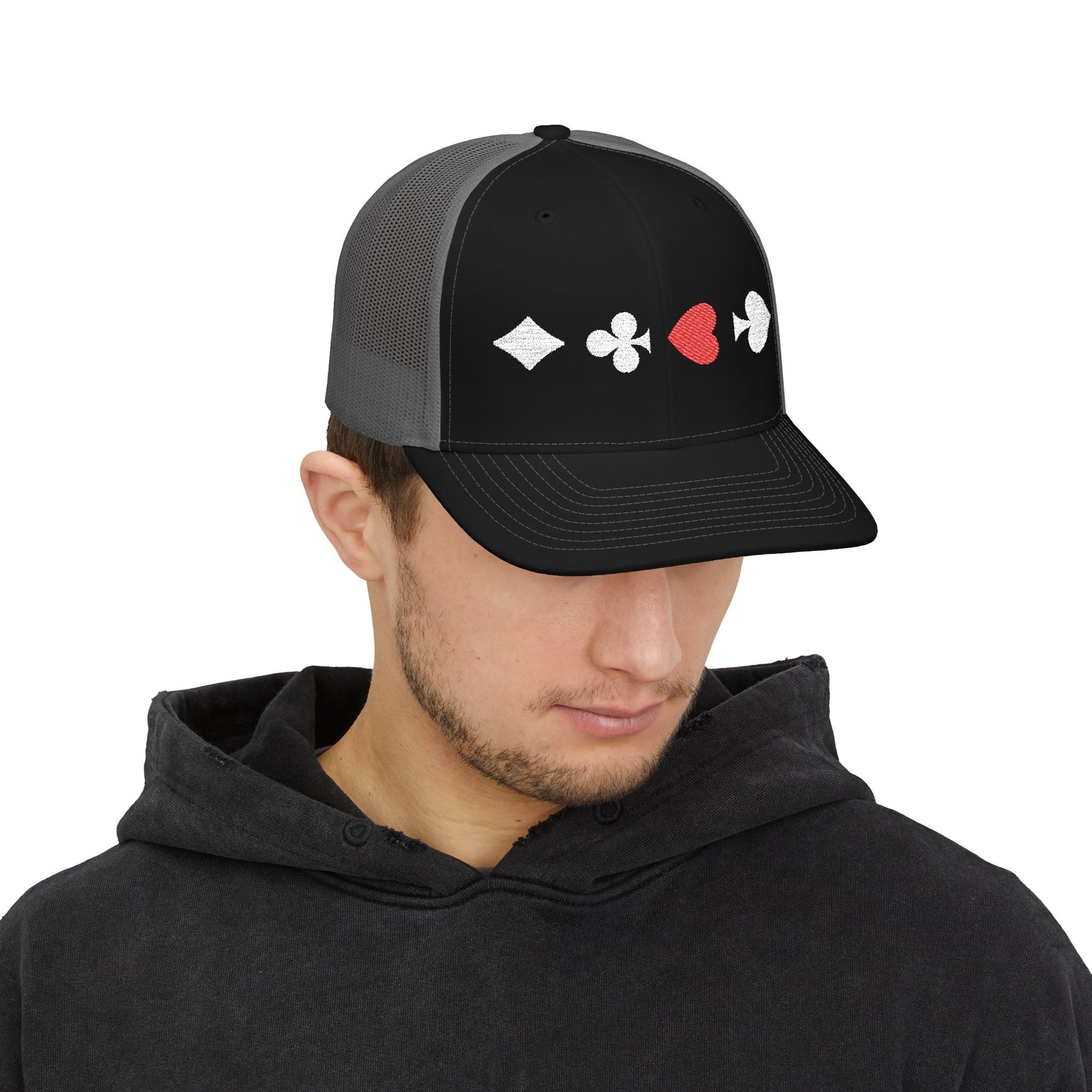 Black on Charcoal Trucker cap Embroided Card suits Male Model
