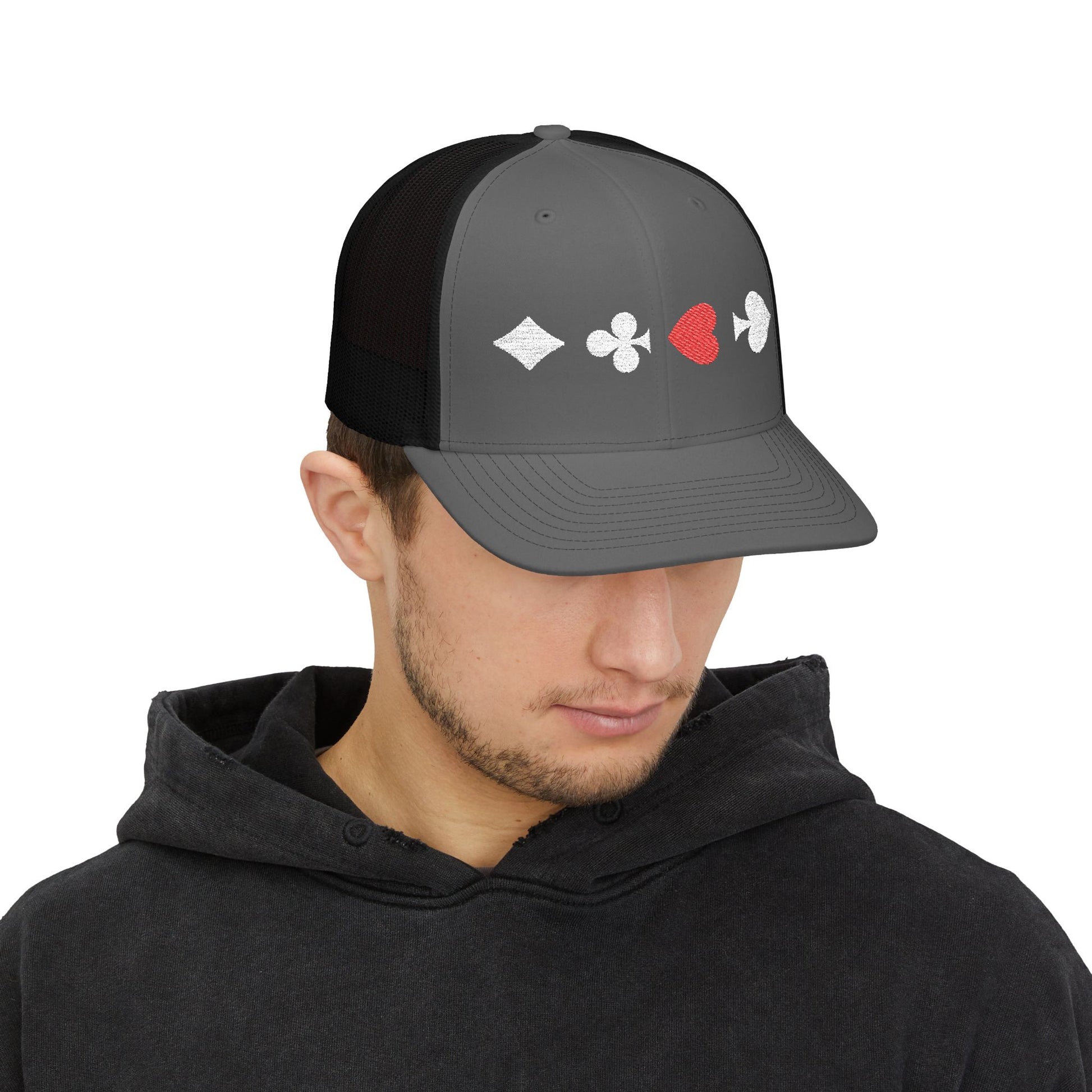 Charcoal on Black Trucker cap Embroided Card suits Male Model