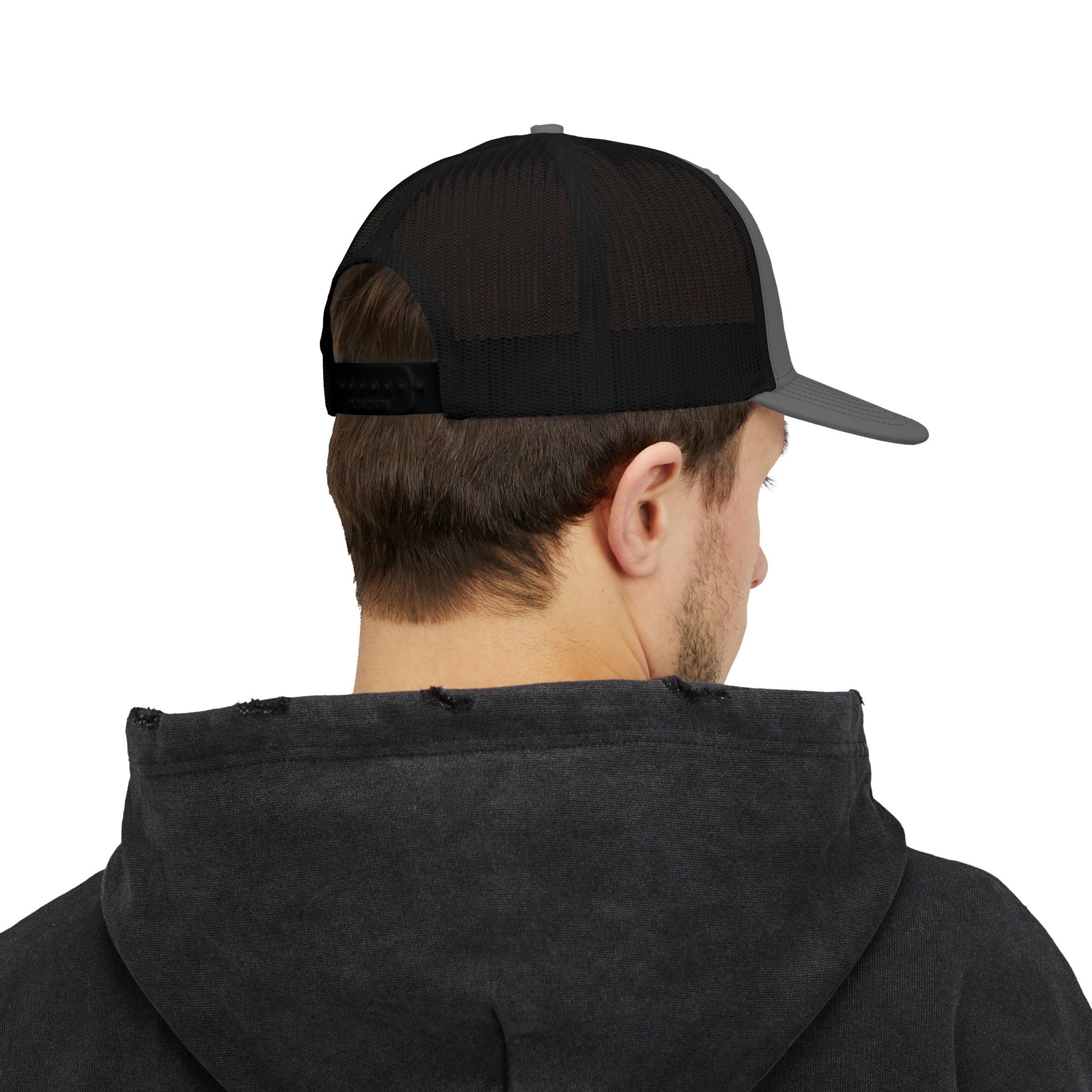 Charcoal on Black Trucker cap Embroided Card suits Male Model backside