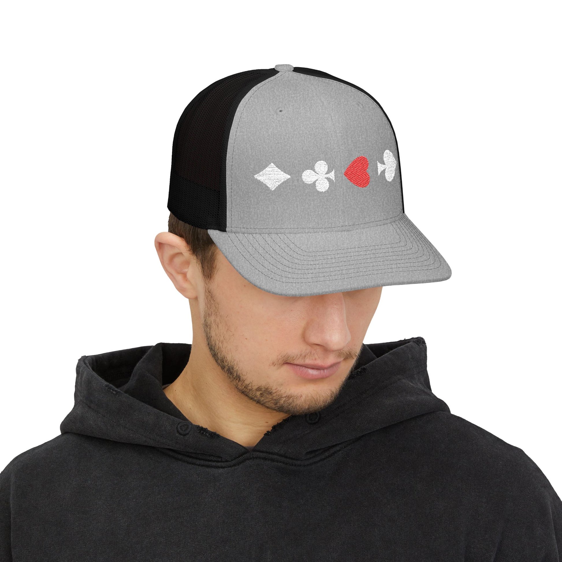 Grey on Black Trucker cap Embroided Card suits Male Model