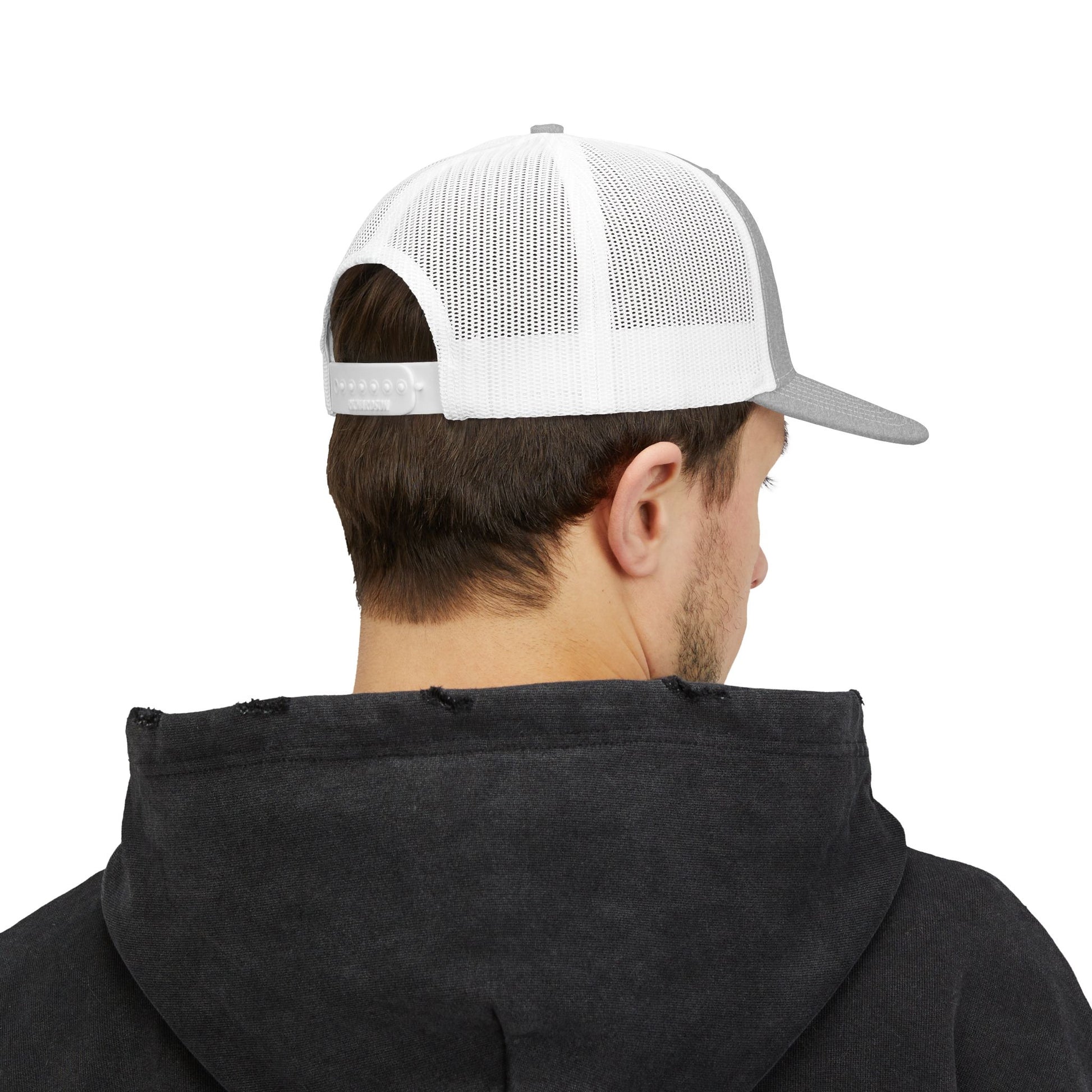 Grey on White Trucker cap Embroided Card suits back Male Model