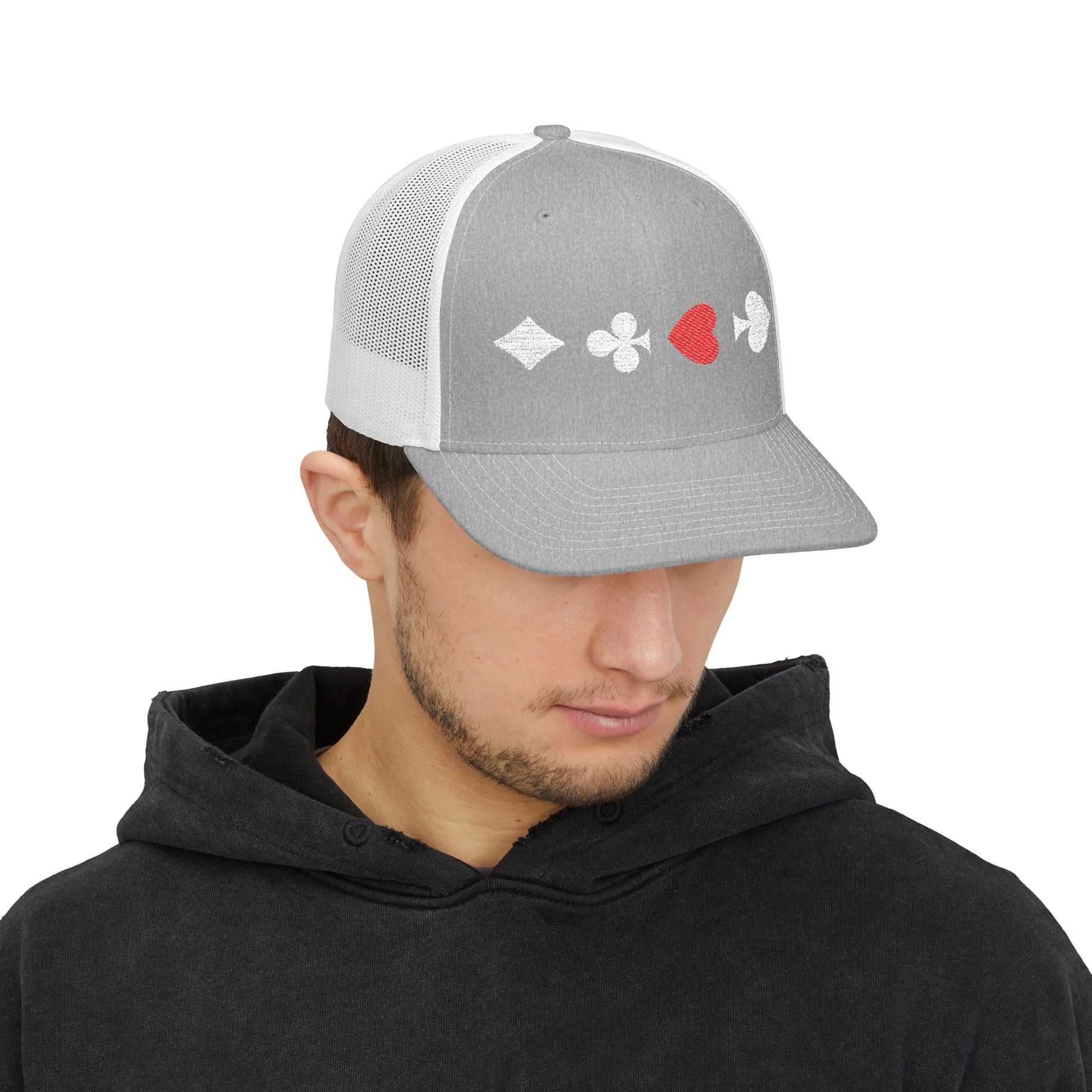 Grey on White Trucker cap Embroided Card suits backside Male Model
