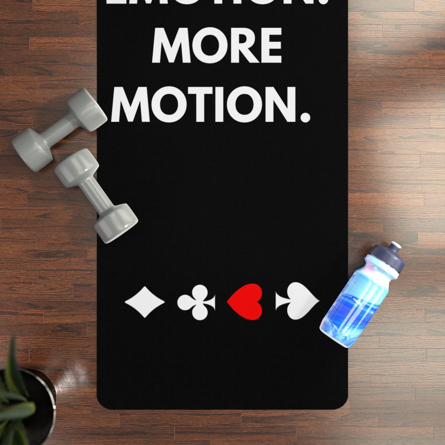 Less Emotion. More Motion. Black Yoga Mat With Card Suits In Session