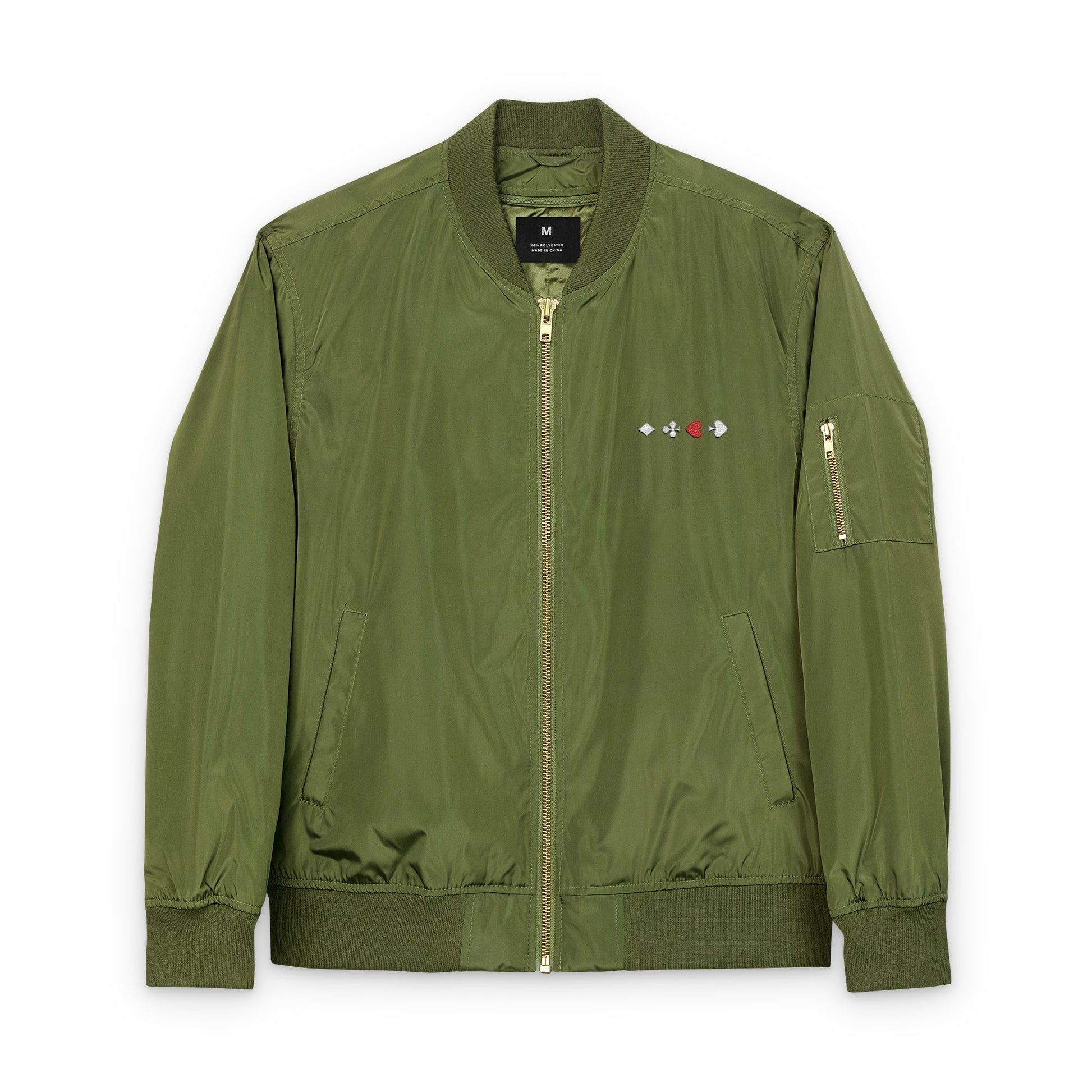 Navy Green Bomber Jacket EMBROIDERED Card Suits Front