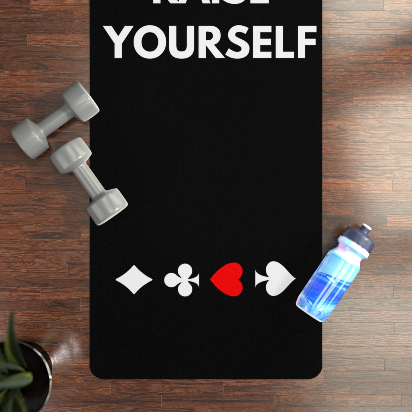 Raise Yourself Black Yoga Mat With Card Suits In session