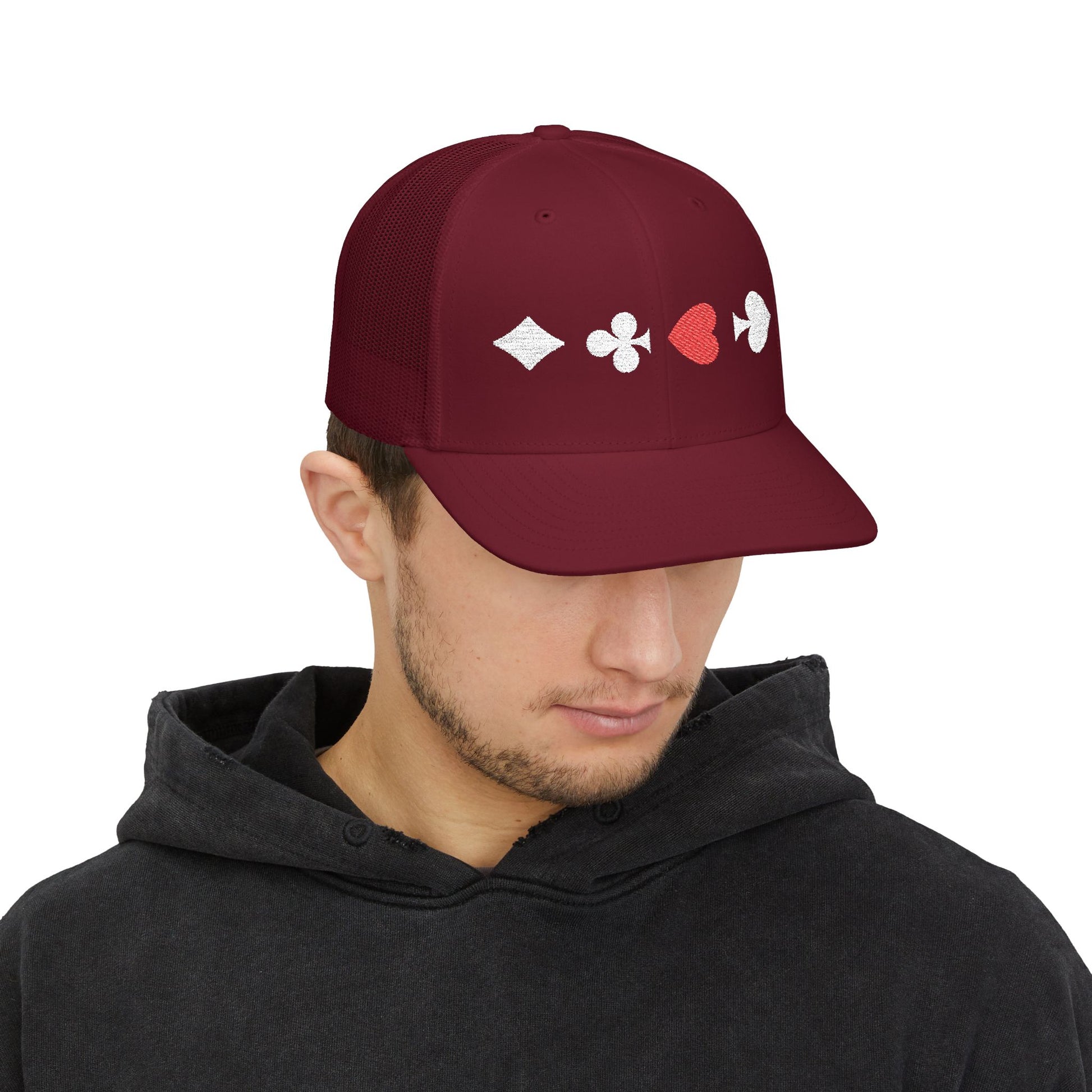 Red Trucker cap Embroided Card suits Male Model