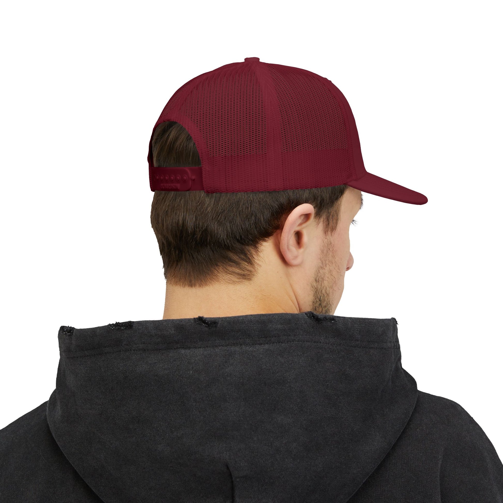 Red Trucker cap Embroided Card suits Male Model Backside