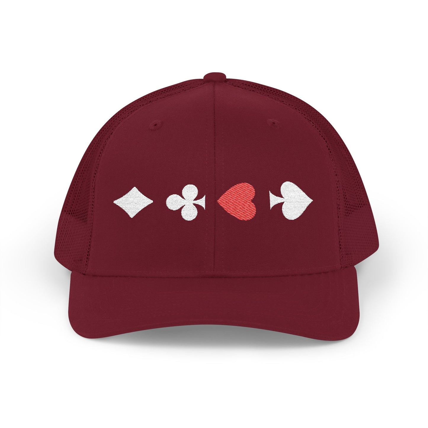 Red on Red Trucker cap Embroided Card suits