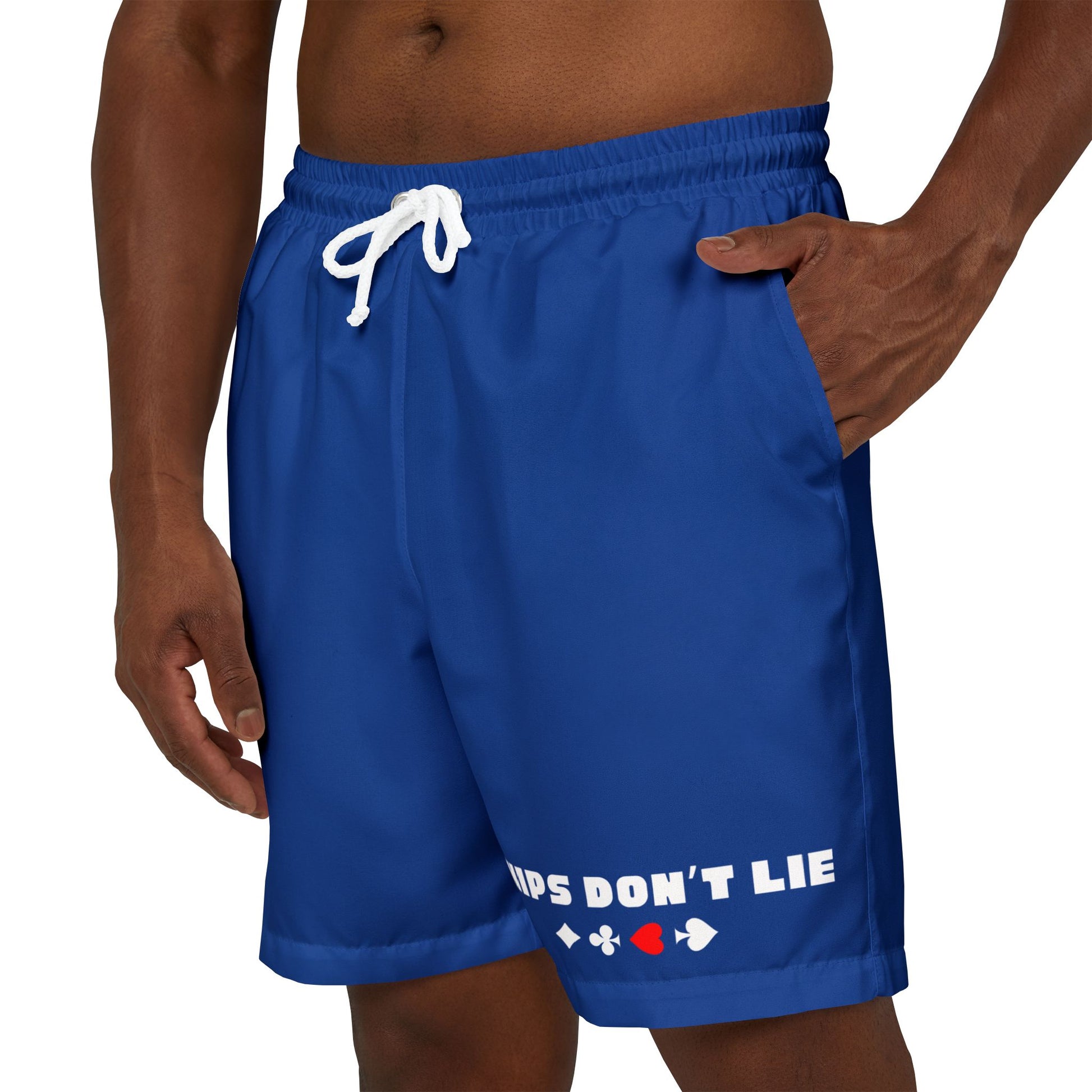 Swim Trunks Chips Don't Lie Blue With Card Suits Front Male Model