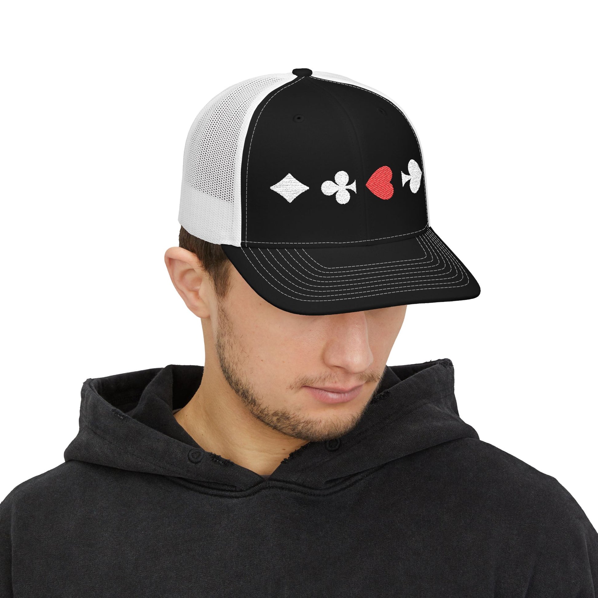 White on Black Trucker cap Embroided Card suits male model