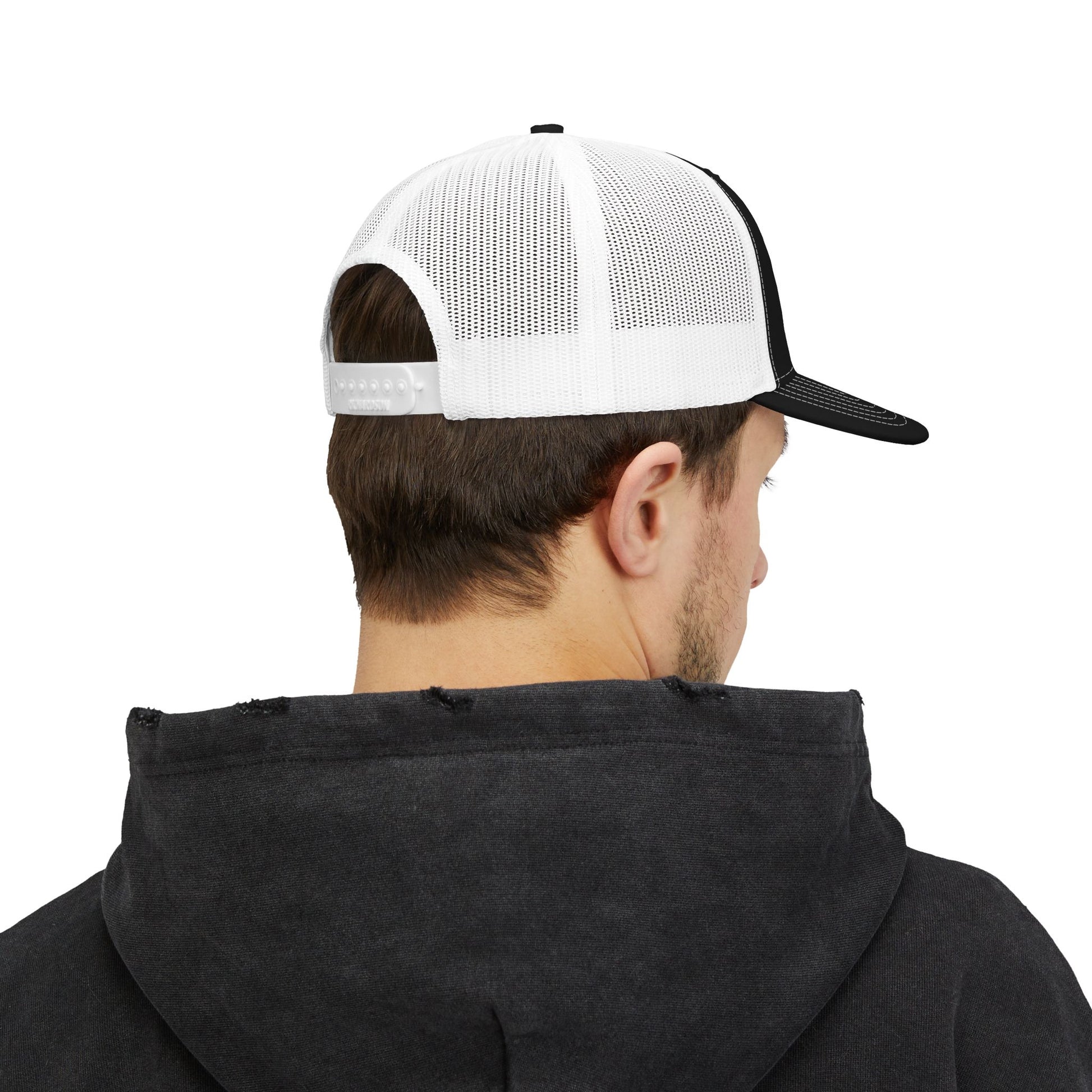White on Black Trucker cap Embroided Card suits male model backside